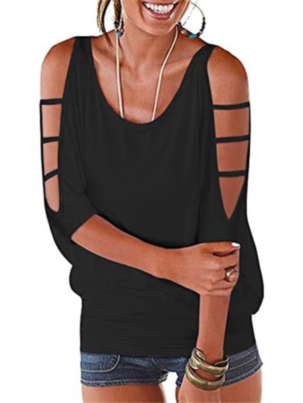 Womens Summer Cold Shoulder Tops 3/4 Sleeve T Shirts Pullover Casual Dolman